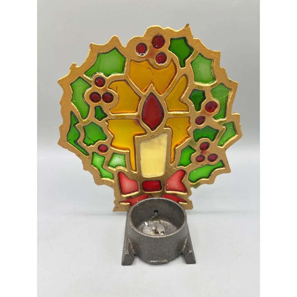 Vtg Stained Glass Candle Holder Wreath Design‎ Gold Tone Metal Taiwan Christmas